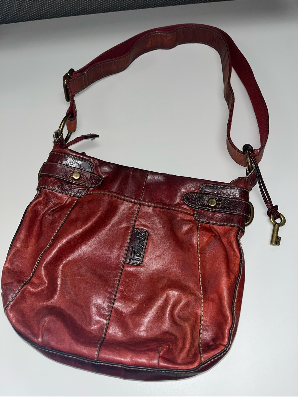Fossil Red Leather Shoulder Bag / Crossbody with Brass Accents
